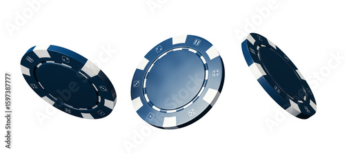 Cuadro en lienzo Three blue casino poker chips isolated on white background, clean 3D Rendering,