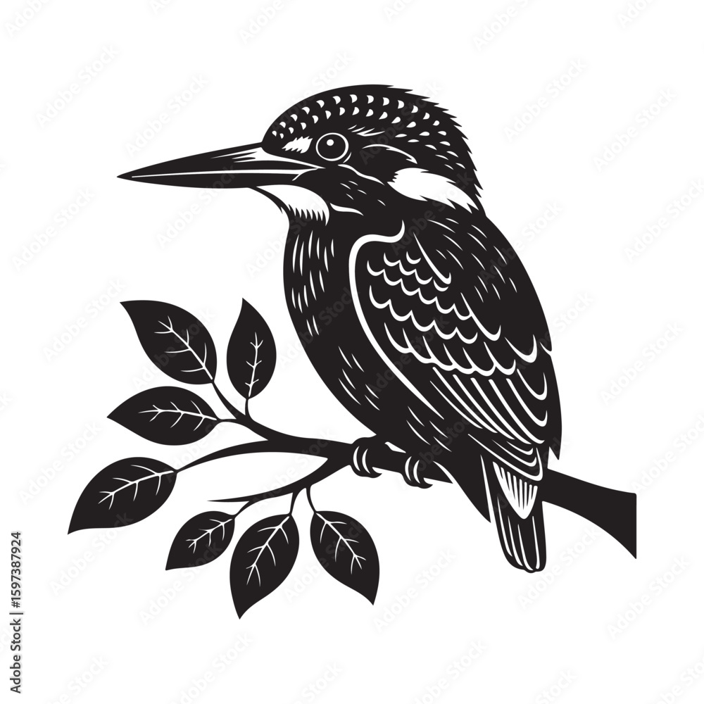 Naklejka premium Black vector silhouette of a wild bird on a branch, perfect for nature-inspired art and illustrations