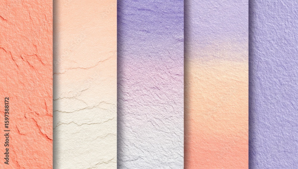 Fototapeta premium Five vertical panels of textured, blended paper, transitioning from peach to lavender