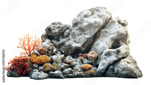 Fototapeta Naklejka Na Ścianę i Meble -  Realistic underwater rock formation adorned with vibrant coral reef elements isolated on transparent background