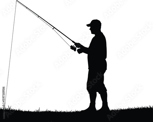 Vector art of fisherman casting his rod while standing on grass isolated on transparent background