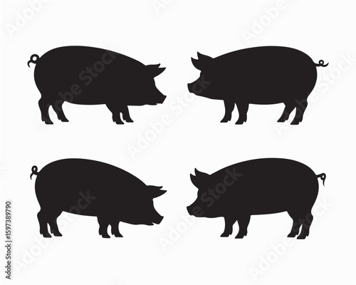 Black pig silhouettes on white background, diverse pigs vector collection. Ideal for agriculture branding, meat store logos, educational materials, and countryside imagery
