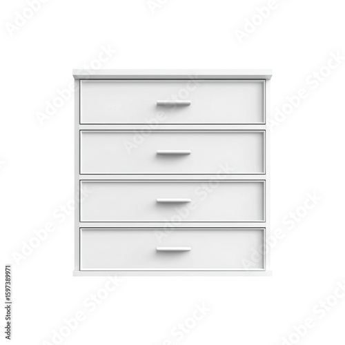 Organized Simplicity: A minimalist, photorealistic rendering of a modern, four-drawer dresser in pristine condition, conveying clean lines and understated elegance.