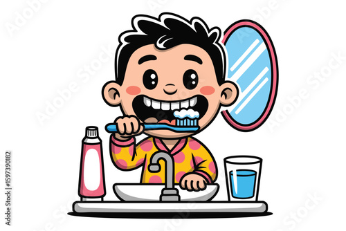 Child Brushing Teeth: Cartoon Illustration for Dental Hygiene Education