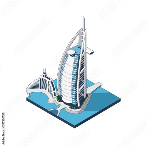 Isometric view of Burj Al Arab Jumeirah hotel with modern architecture in Dubai, United Arab Emirates