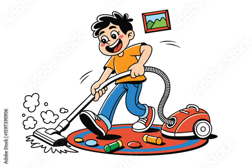 Cartoon Boy Vacuuming Cleaning Room Carpet Dust