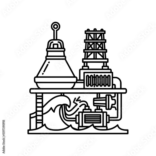 Oil refinery equipment with pipes and tanks