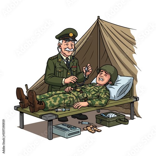 Cartoon character of military doctor treating soldier in field tent, colored cartoon with line art and white background. AI generated image.