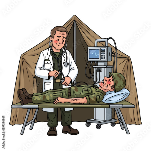 Cartoon character of military doctor treating soldier in field tent, colored cartoon with line art and white background. AI generated image.