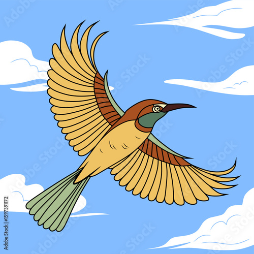 Colorful illustration of a Brown Throated Sunbird flying high in the sky with wings wide open. Great for nature lovers, bird art, and educational media.