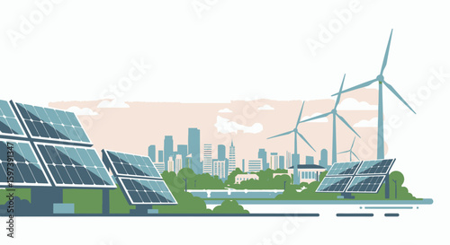Illustration of solar panels and wind turbines generating clean energy against a cityscape backdrop, symbolizing sustainable power and environmental consciousness.