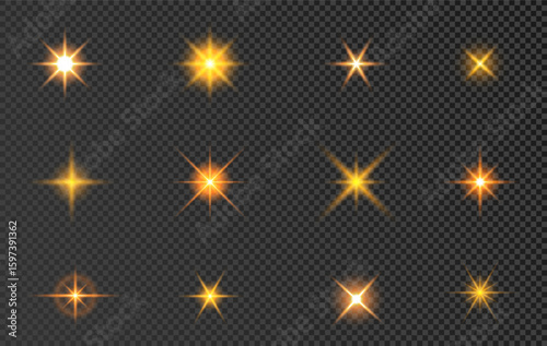 Glowing Light Bursts with sparkles. Glow effect yellow stars set. Lens flare, explosion, glitter, sun flash, spark. Abstract gold flare. Vector illustration for celebration, christmas, new year