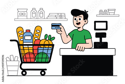 Grocery Shopping Illustration: Man Paying with Credit Card at Checkout