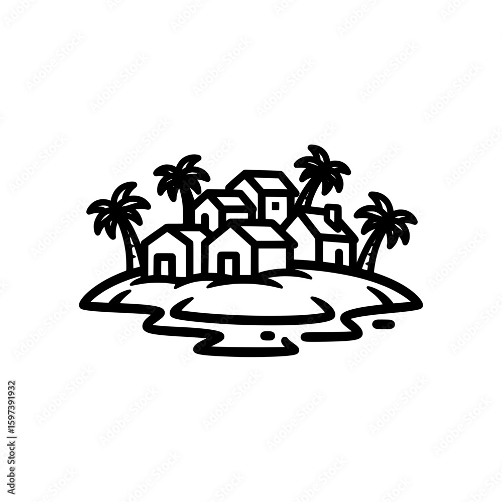 Obraz premium Palm trees and houses on small island with water surrounding