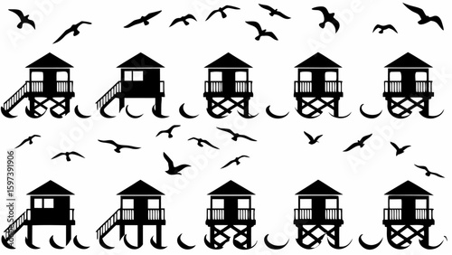 Silhouette illustration of multiple lifeguard huts on stilts with flying birds above on a white background