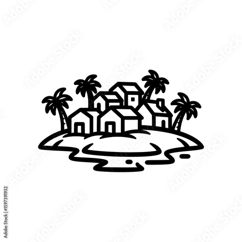 Palm trees and houses on small island with water surrounding