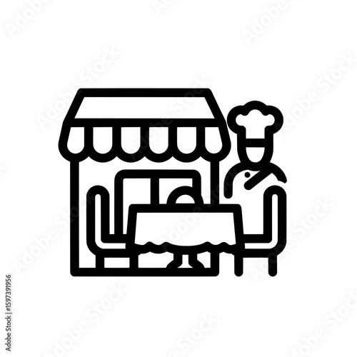 Open air market stall with a chef standing beside it