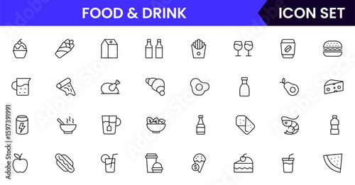 Food and drink vector line icons including utensils, plates, beverages, fruits, fast food, cooking tools, and restaurant elements.