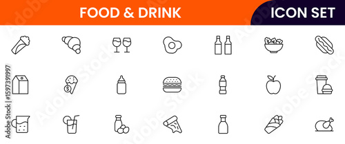Food and drink vector line icons including utensils, plates, beverages, fruits, fast food, cooking tools, and restaurant elements.