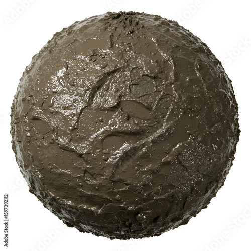 Mud ball sphere showing texture and detail. Abstract round shape of wet, dark brown mud with various patterns and marks. Nature element for general use -