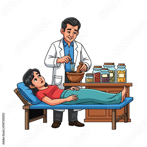 Cartoon character of traditional doctor using herbal concoction for patient, colored cartoon with line art and white background. AI generated image.