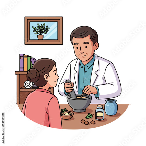Cartoon character of traditional doctor using herbal concoction for patient, colored cartoon with line art and white background. AI generated image.
