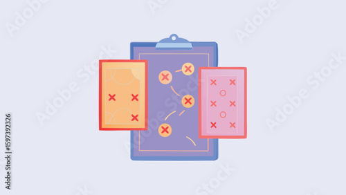 Illustration of a clipboard with strategy maps and planning diagrams for business development and growth