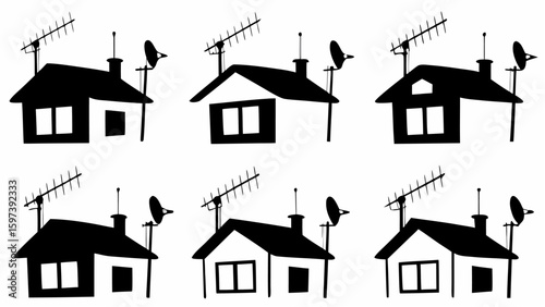 Six cartoon houses with antennas and satellite dishes in black and white seamless pattern design style silhouette