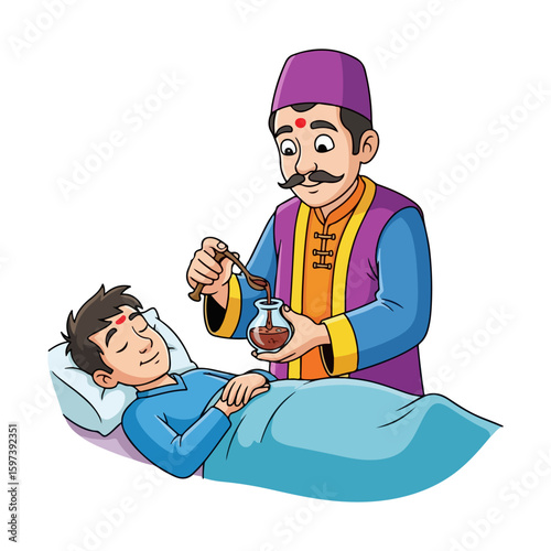 Cartoon character of traditional doctor using herbal concoction for patient, colored cartoon with line art and white background. AI generated image.