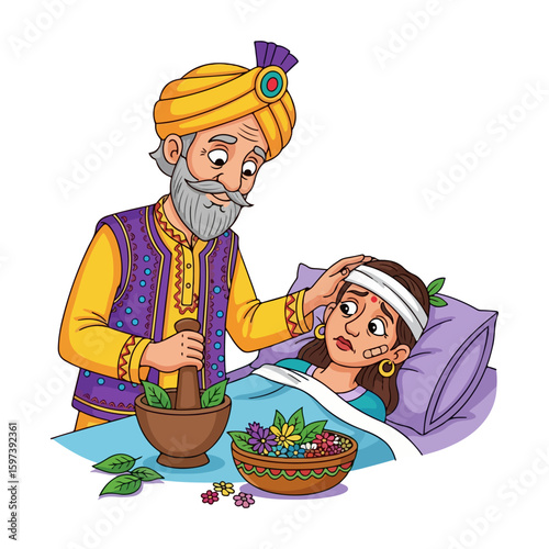Cartoon character of traditional doctor using herbal concoction for patient, colored cartoon with line art and white background. AI generated image.