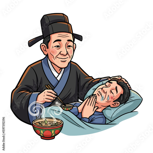 Cartoon character of traditional doctor using herbal concoction for patient, colored cartoon with line art and white background. AI generated image.