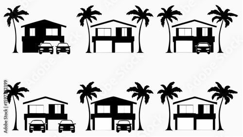 Silhouetted beach houses on stilts with palm trees and cars parked underneath in a repeating pattern design