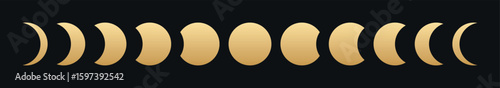 Gold moon phases isolated icon collection waxing waning gibbous crescent lunar cycle symbols minimal vector astrology celestial dark space elegant astronomy decorative graphic design