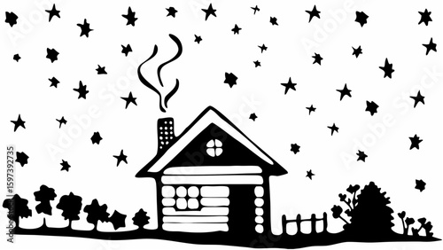 A black and white illustration of a house with smoke coming from the chimney under a starry sky design silhouette