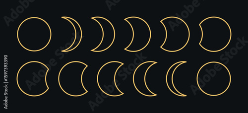 Outlined golden moon phases linear minimalist vector set on black background, elegant astronomical lunar cycle design, celestial cosmic style perfect for spiritual themes astrological illustrations