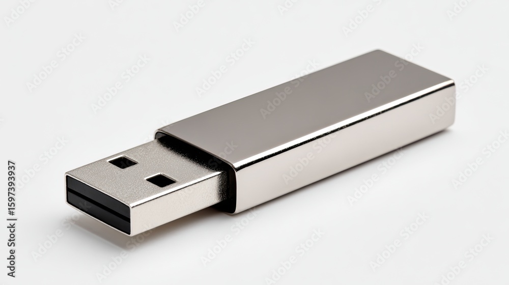 Sleek metallic USB flash drive isolated on white background. Sleek metallic USB flash drive isolated on white background.