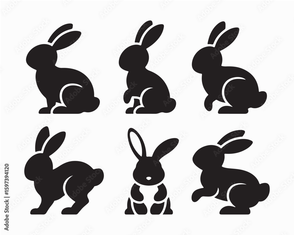 Rabbit silhouettes vector illustration, perfect for Easter, spring celebrations. Features adorable, fluffy bunnies in various poses - hopping, sitting, standing. Ideal for nature, wildlife themes Rabbit silhouettes vector illustration, perfect for Easter, spring celebrations. Features adorable, fluffy bunnies in various poses - hopping, sitting, standing. Ideal for nature, wildlife themes