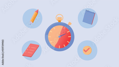 Illustration of a stopwatch surrounded by a pencil notepad and check mark on a light blue background