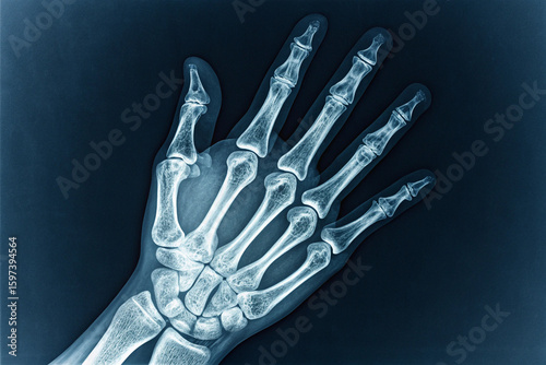 Detailed radiographic image of a hand's internal structure, emphasizing bones and translucent soft tissue