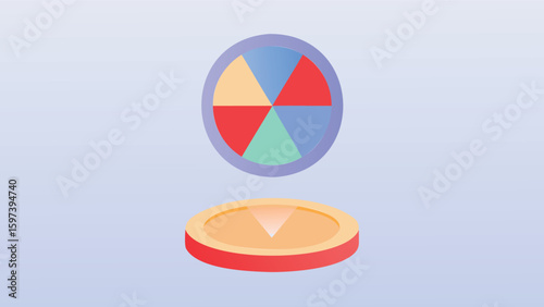 A colorful wheel with six sections hovers above a circular platform on a light blue background scene