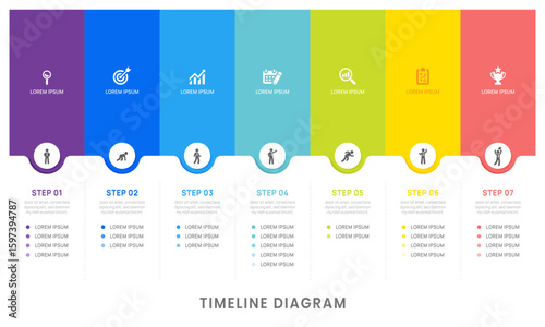 Business road map timeline infographic with 7 options milestones elements, diagram, and icon, vector.