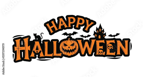 Happy Halloween vector graphic with pumpkin, bats, cat, skulls and haunted house