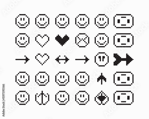 A collection of pixel art icons including smileys hearts arrows and other miscellaneous symbols in black and white