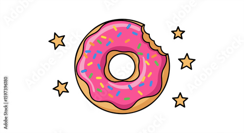 Delicious cartoon doughnut with pink frosting and sprinkles, a tasty treat, and surrounded by star illustrations