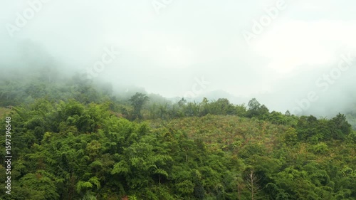 Misty mountains and green lush tropical forest in Northern Thailand in early morning sunrise panoramic cinematic 4K footage.