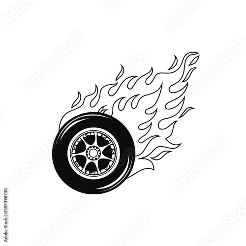 Illustration of a race car tire with blazing fire effect