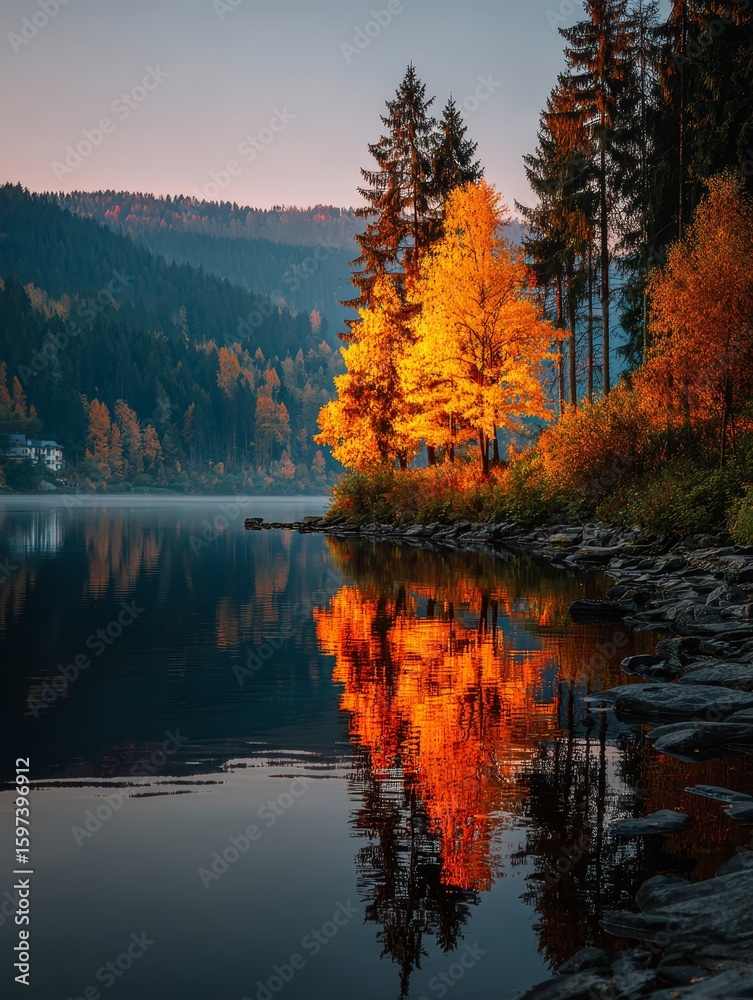 Fototapeta premium Autumnal Equinox: Golden Reflections on a Calm Lake at Sunset, Misty Forest