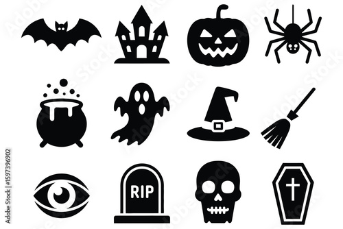 Halloween icons bat ghost pumpkin spider cauldron witch hat broom eye tombstone skull coffin