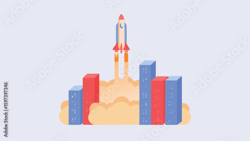 Rocket launching over bar graph in blue and red with smoke trails on a light blue background scene
