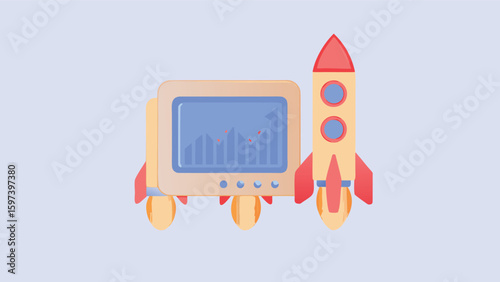 Illustration of a rocket and a computer screen showing a graph in a light blue background scene